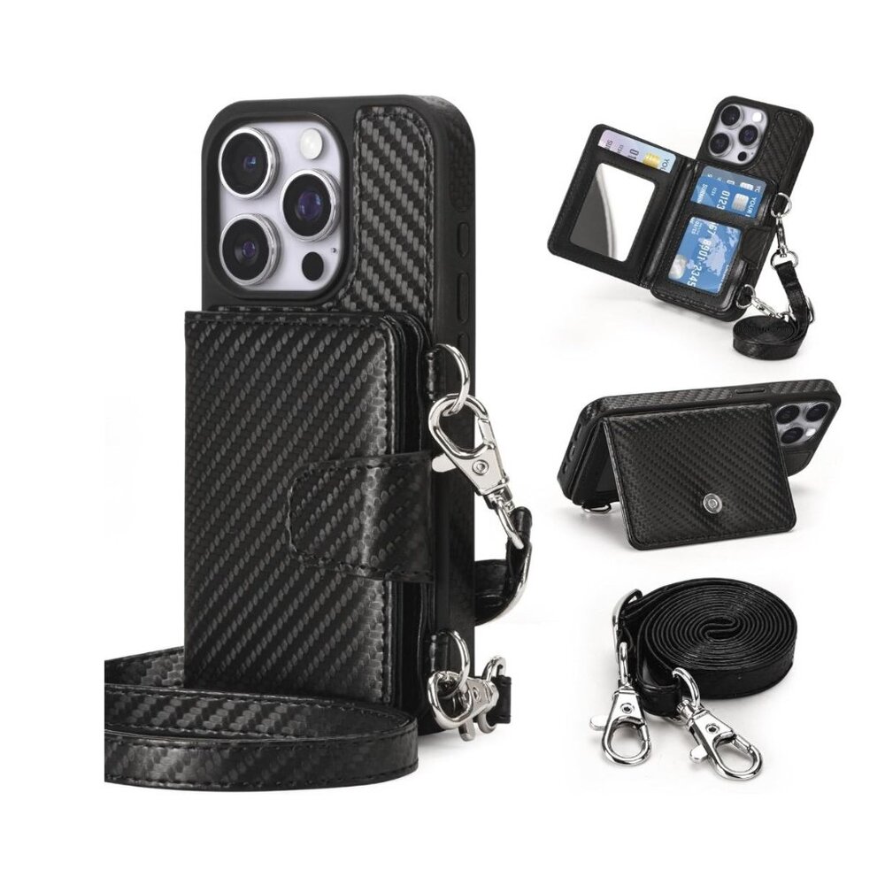 Arae for iPhone 15 Pro Wallet Case, PU Leather Flip Folio Case with Shoulder Str